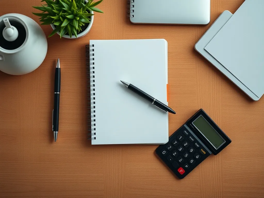 A clean, top-down shot of a wooden desk with a notebook, a p