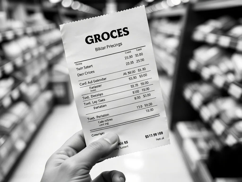 A high-contrast black and white photo of a grocery receipt b